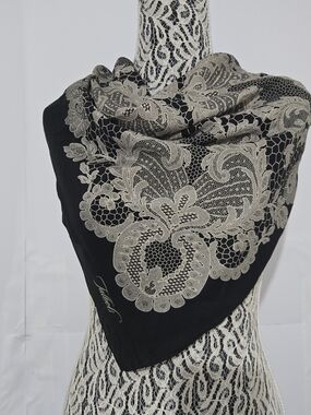 Talbots Black Scarf with Cream Lace-Style Print